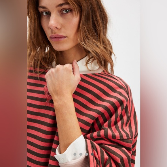 NWT FREE PEOPLE WE THE FREE Classic Striped Oversized Crewneck In Coral Combo XS - Picture 3 of 8